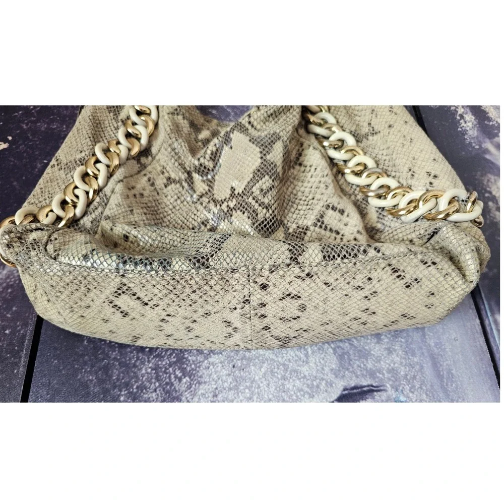 Michael Kors Snakeskin Embossed Leather Hobo Bag Gold Chain Link Beige Brown